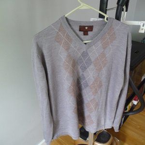 TOSCANO BY PATRICK ASSARAF TRENDY men's argyle beige grey merino wool v neck sw…